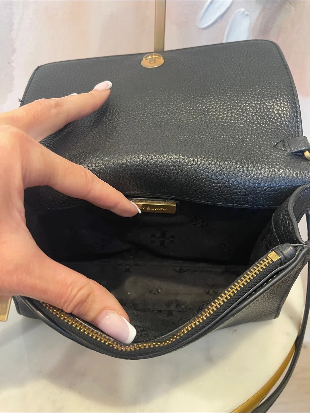 Tory Burch Black Pebbled Leather Crossbody with Gold Logo